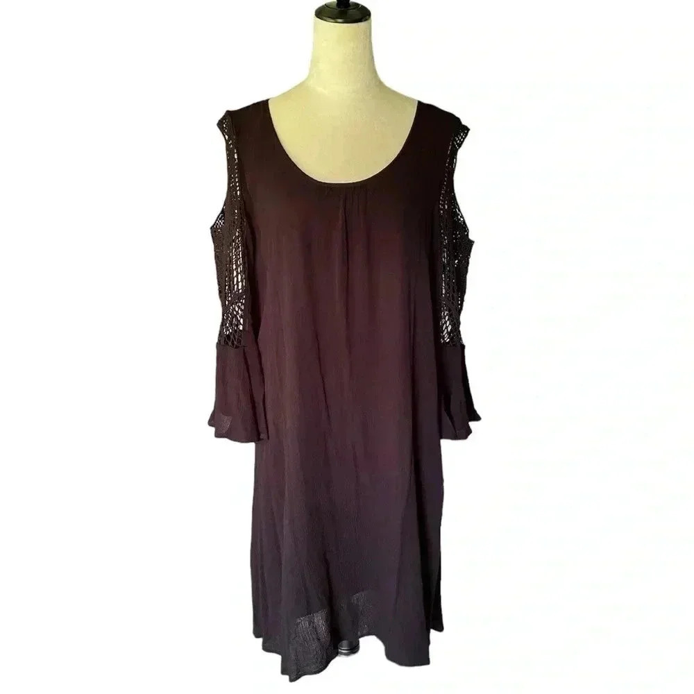Nina Leonard Women’s Crochet Cold Shoulder Ruffle 3/4 Sleeves‎ Swing Dress Sz L